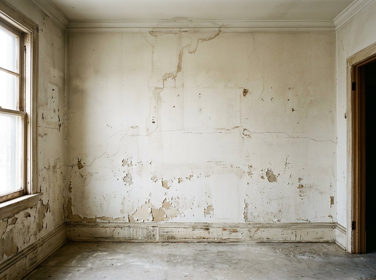 Living room before painting - peeling paint and water stains
